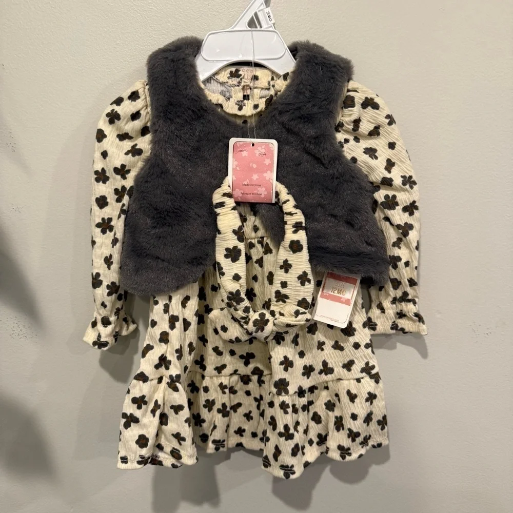btween baby Floral Kids Dress with Faux Fur Vest 3 Piece Set Size 12 Month